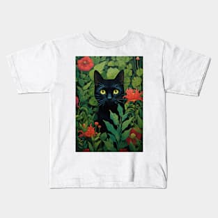 Black Cat Among Flowers Kids T-Shirt